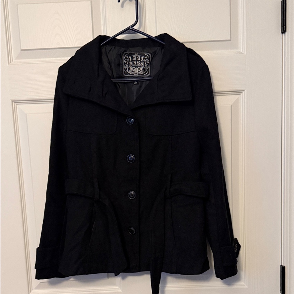 last kiss Black Women’s Belted Pea Coat